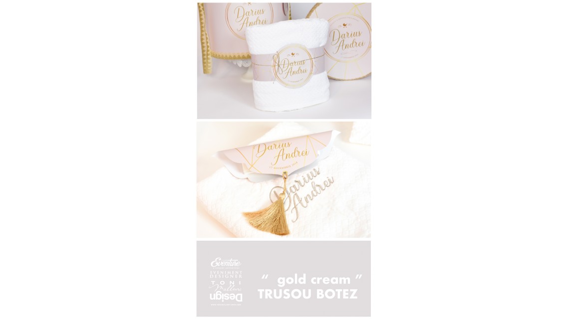 Trusou de botez pentru baieti cu broderie eleganta personalizata, Gold Cream 3